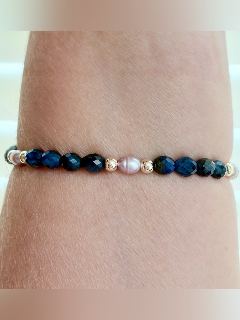 Dainty natural Lapis Lazuli,freshwater Pearl Bracelet,18K gold filled beads.7-8”